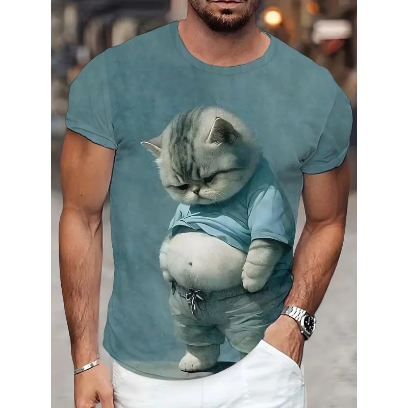 Summer Round Neck 3D Print Animal Cat Pattern Top Fashionable Casual Short Sleeved Men's T-shirts