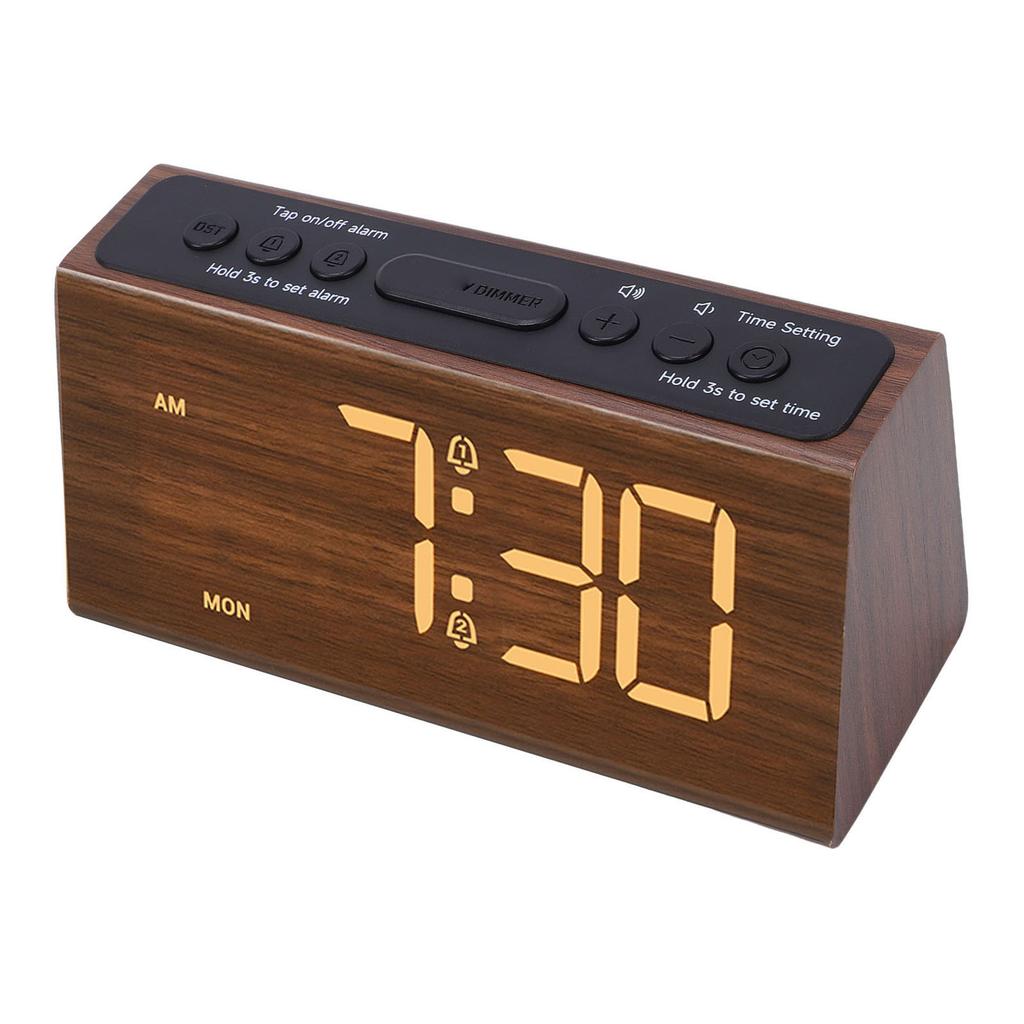 Digital Alarm Clock Wooden LED Dimmable USB Plug in Electric Desk Clock Loud Alarm with Adjustable Volume Snooze for