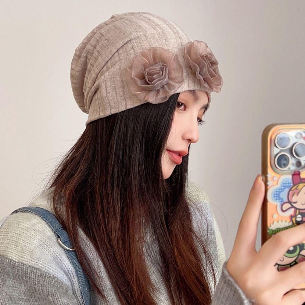 Retro Solid Color Rose Flower Knitted Hat Y2k Style Breathable Women Beanie Cap Crochet Thin Striped Skullies Cap