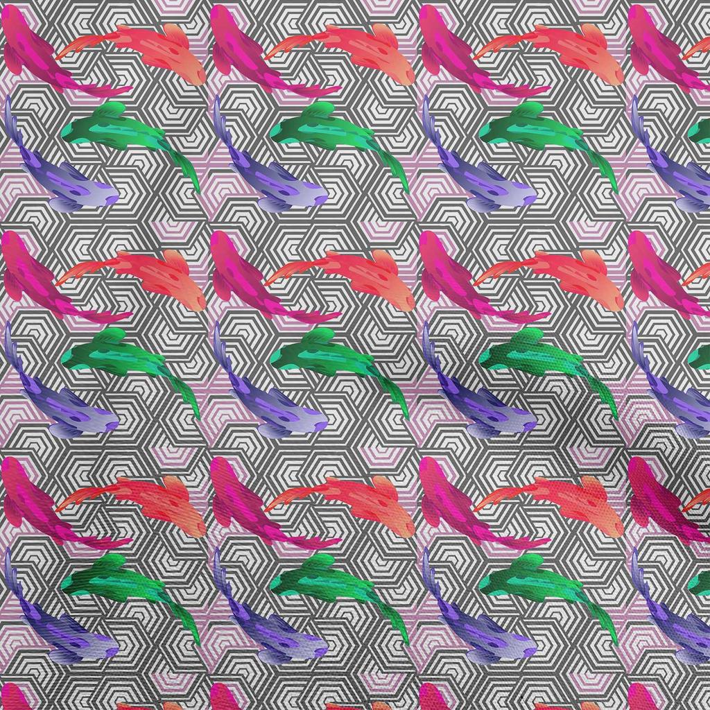 oneOone Bumbac Elastic Albastru Închis Material Pește Koi Japonez Asiatic cu Textură Geometrică Material de Cusut Material Imprimat la Yard 40 Inch