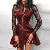 Clubkleid Durchsichtig Spitze Blumenstickerei A-Linie Großer Saum Slim Fit Stehkragen Über Knie Langärmlig Lockerer Saum Mini-Kleid für Dates
