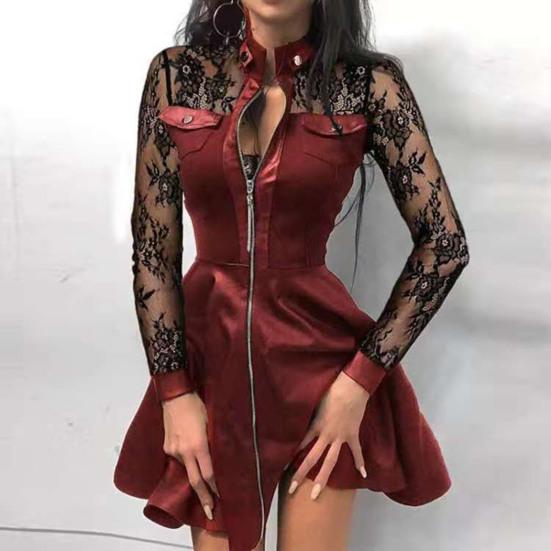 Clubkleid Durchsichtig Spitze Blumenstickerei A-Linie Großer Saum Slim Fit Stehkragen Über Knie Langärmlig Lockerer Saum Mini-Kleid für Dates