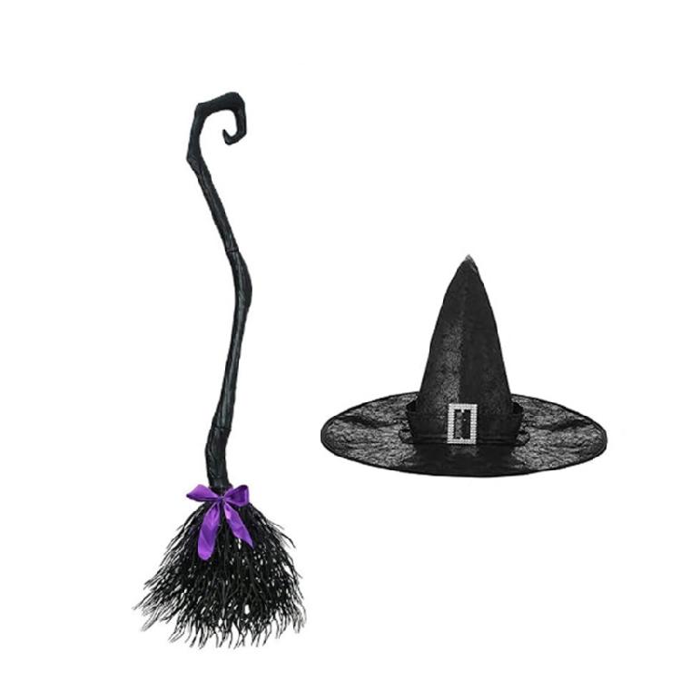 Halloween Witch Cosplay Set Witch Broomstick Witch Hats Pointed Witch Hats Flying Broomstick for Theme Party