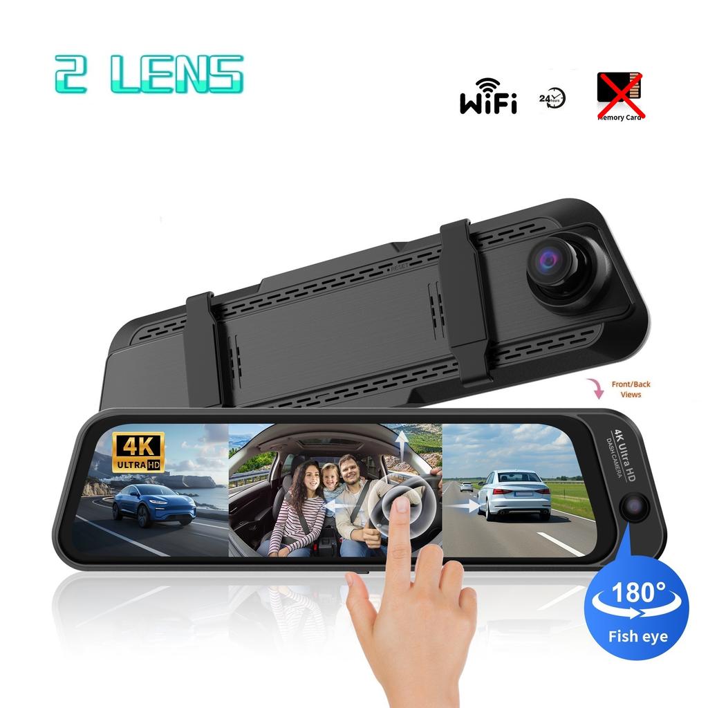 4K 10-Inch Streaming Media Dash Cam, 3 Lenses, WiFi, Night Vision, 170° Fisheye, Rearview Mirror