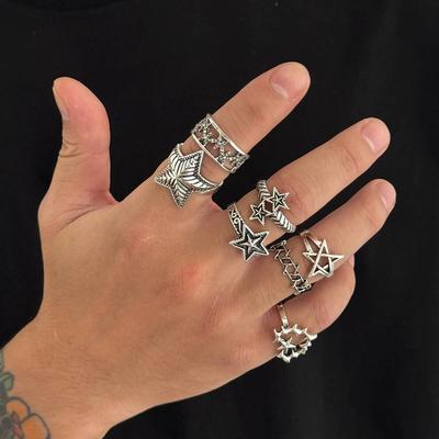 4/7Pcs Hip Hop Thorn Rings Unisex Star Heart Open Ring Sets Fashion Punk Gothic Exquisite Daily Wear Party Banquet Jewelry Gifts