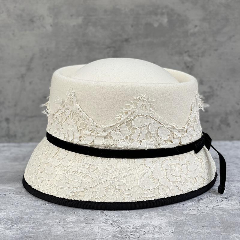 Japanese Retro Elegant Lace Concave Top Celebrity Style Woolen Bucket Hat Women'S Short Brim Basin Hat Felt Hat
