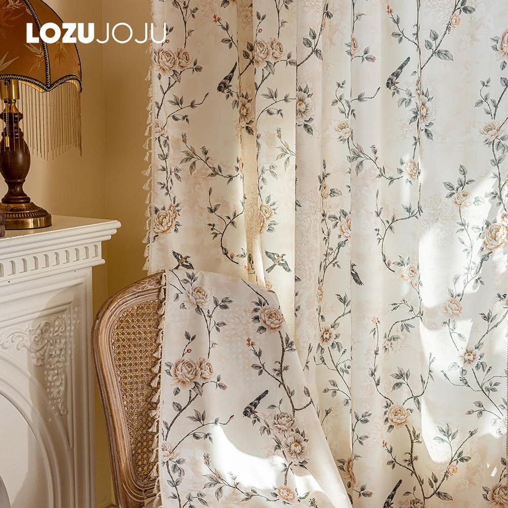 1PC LOZUJOJU French Retro Rose and Bird Print Curtains Beige Tassel Edge Semi Transparent Curtains for Bedroom Living Room Window Home Decor