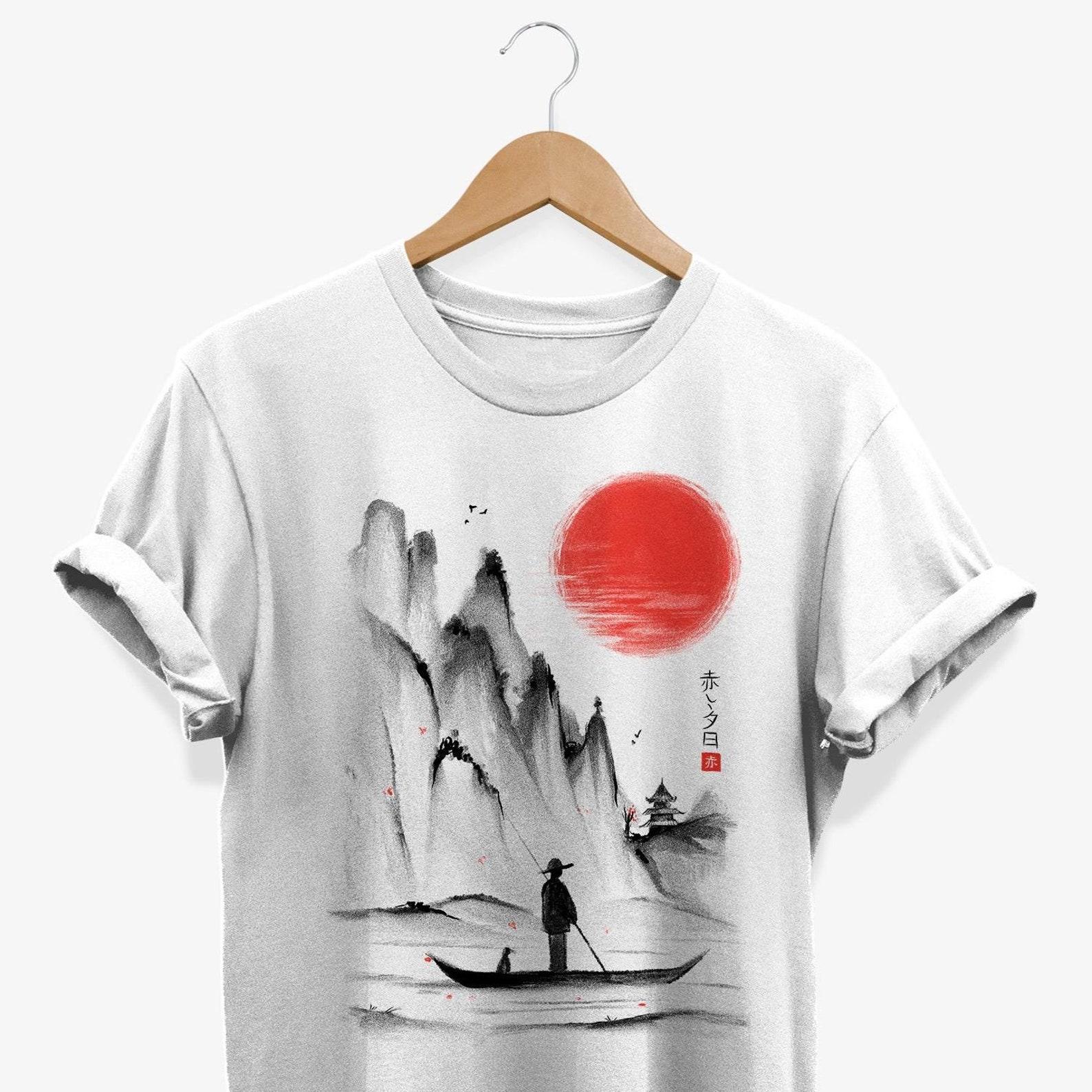 Japanese Ink Art T-Shirt: Rising Sun, Zen Landscape S