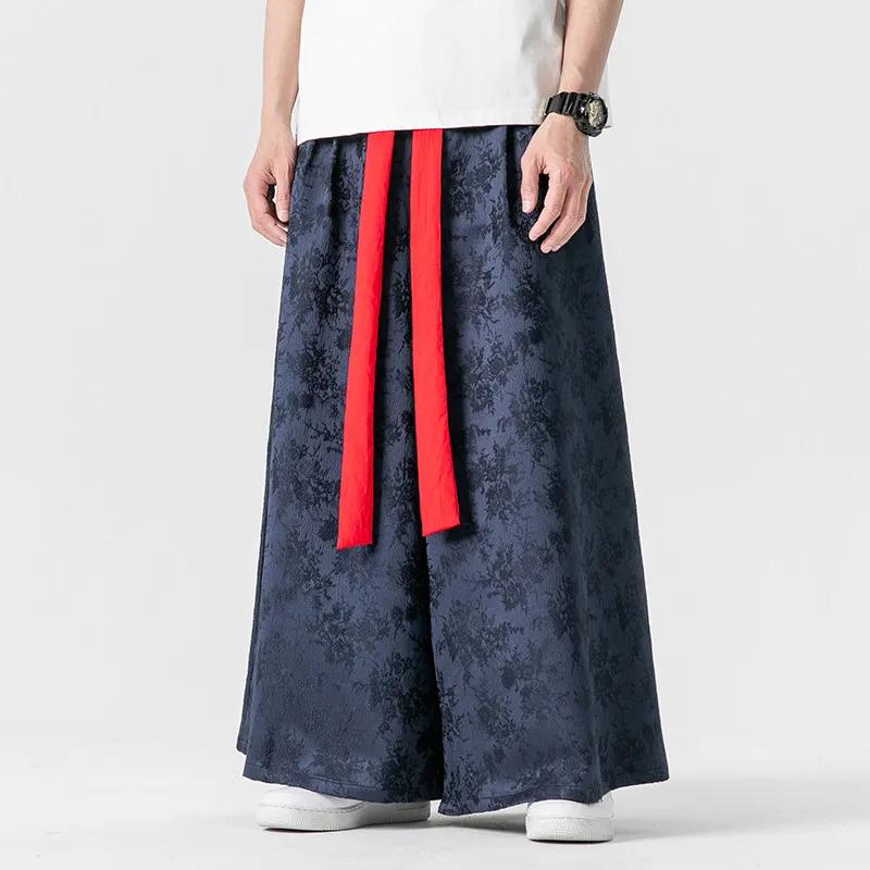 2026 Men Loose Wide Leg Pants Spring Men Casual Black Skirt Pants Fashion Flared Pants Chinese Style Men Print Harajuku Trousers