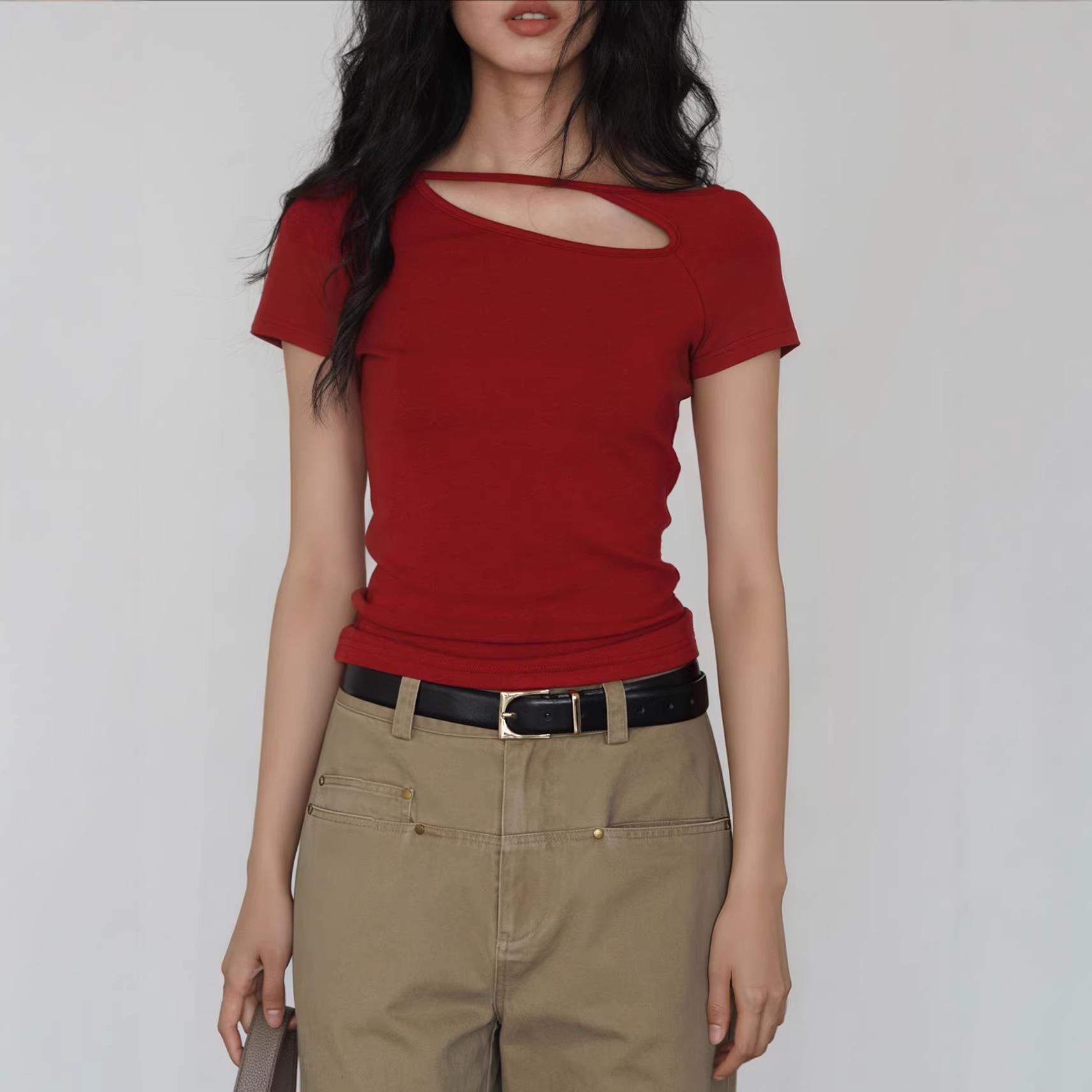 

Women s Red Hollow Short Sleeve Slimming T-shirt - Fashionable Summer Top L [52.5-57.5 kg] красный