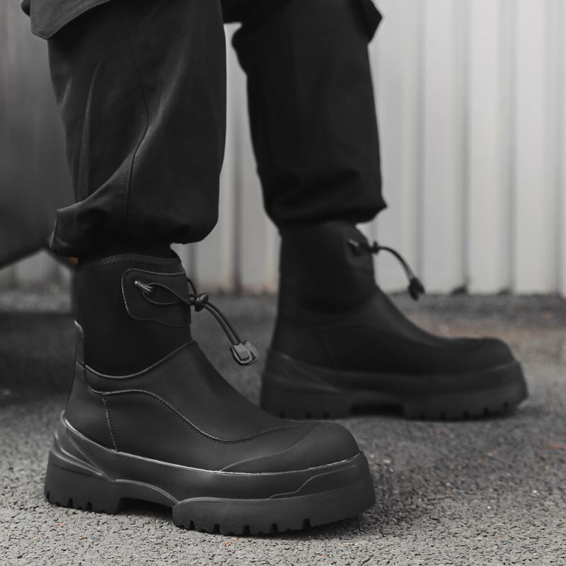 Winter Windproof Cotton Rain Boots Men Warm Ankle Fashion Black High-top Men Leather Big Head Platform Heightening Black Casual