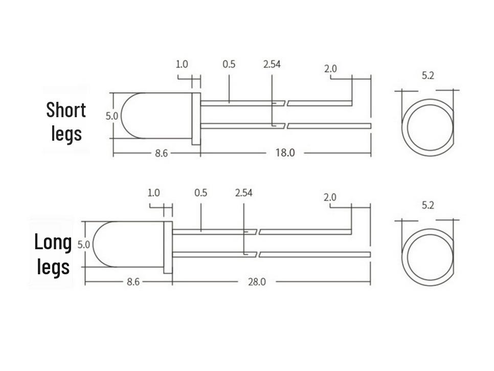 5mm Red LED with High-Brightness Round Transparent Head and Reverse Polarity Configuration