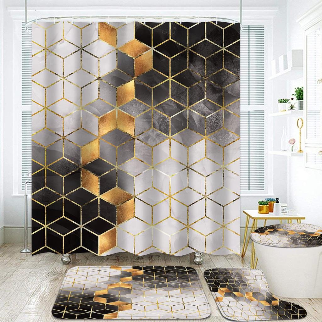 VIKAMA Brown Shower Curtain Set Modern Geometric Shower Curtain Set Gold Cube Lines Artistic Texture Bathroom Decor with Hooks