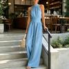 Women's Halter Neck Jumpsuit, Sleeveless Casual Wide Leg Rompers, Summer High Waist One Piece Outfits with Pockets