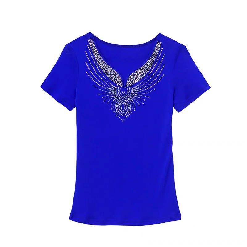 Summer Sexy V-Neck Short Sleeved Women's T-Shirt Fashion Shiny Hot Diamonds Mesh Tees Female All Match Casual Tops Blusas