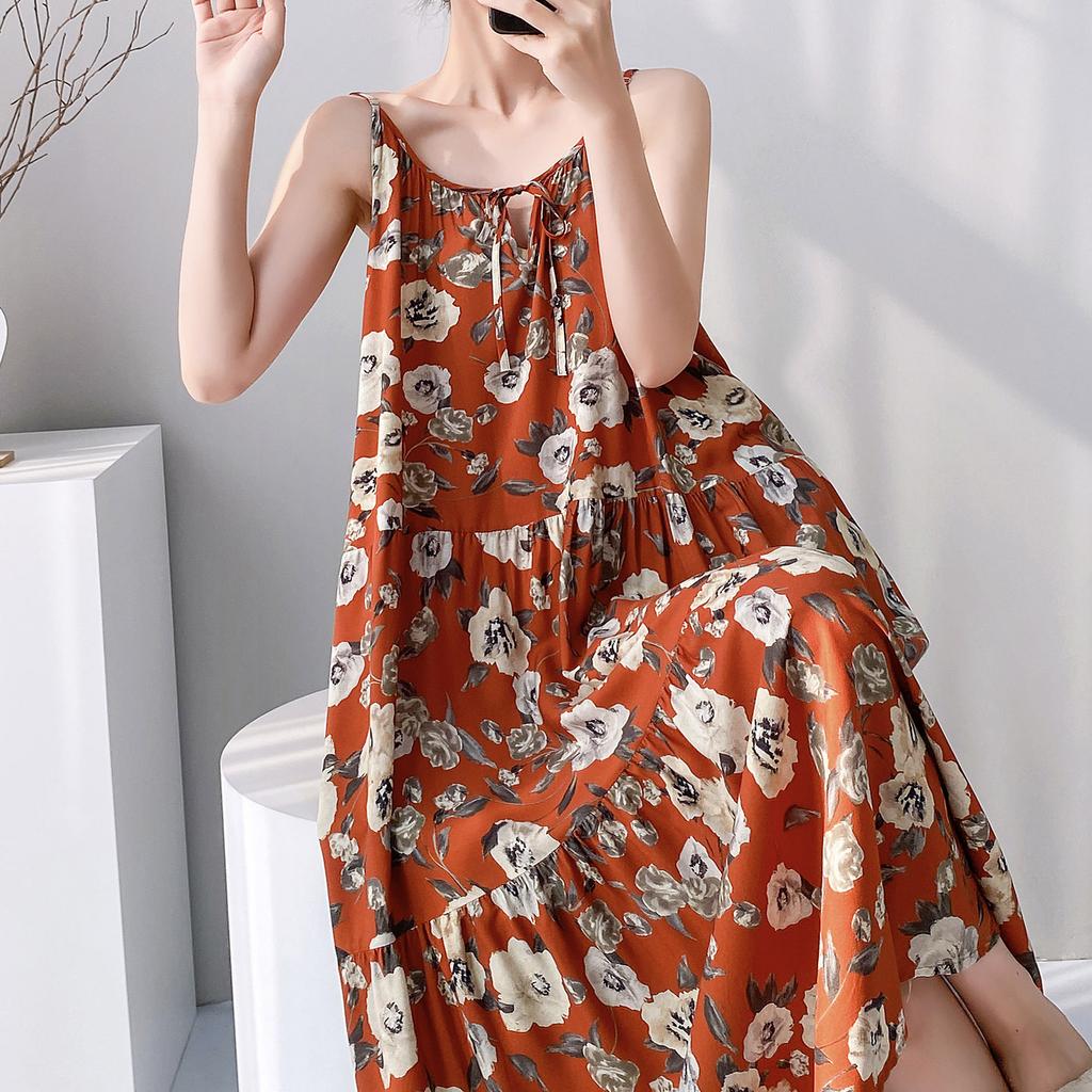 Summer sleeveless suspender cotton and silk nightdress women's lace-up can be worn outside loungewear high-end vacation long dress dress thin