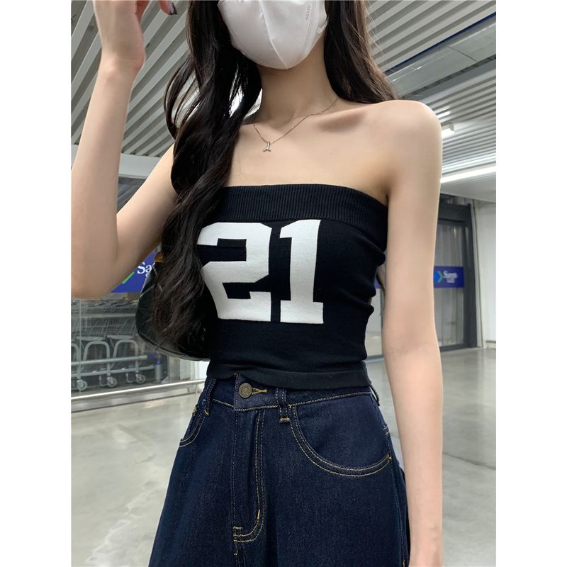 Kumikumi American Digital Print Knitted Tube Top Vest Women clothes Summer Slim fit Slimming Short Gyaru Top