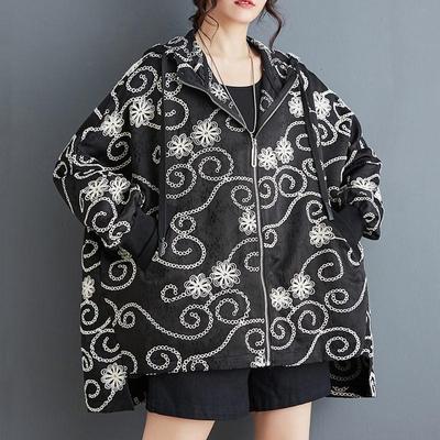 Manica lunga taglia forte nero con cappuccio floreale vintage casual ampio autunno primavera giacca cappotto donna top