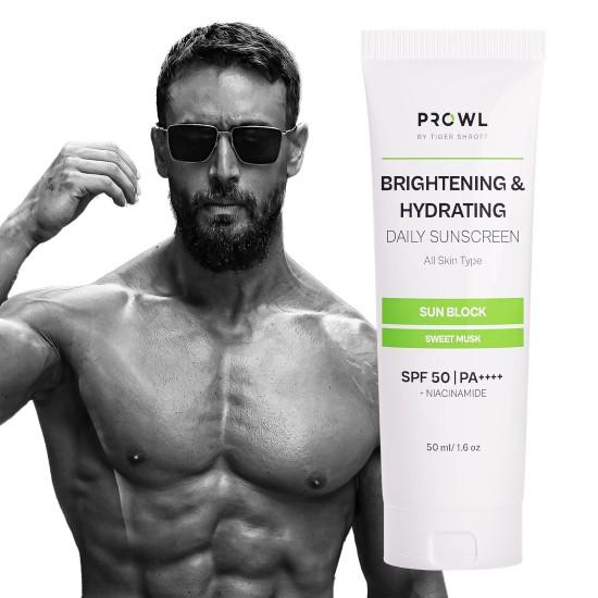 PROWL by Tiger Shroff Brightening and Hydrating Sunscreen SPF 50+ PA++++ with Niacinamide for Oily, Dry, Acne Prone Skin for Men Protection | No