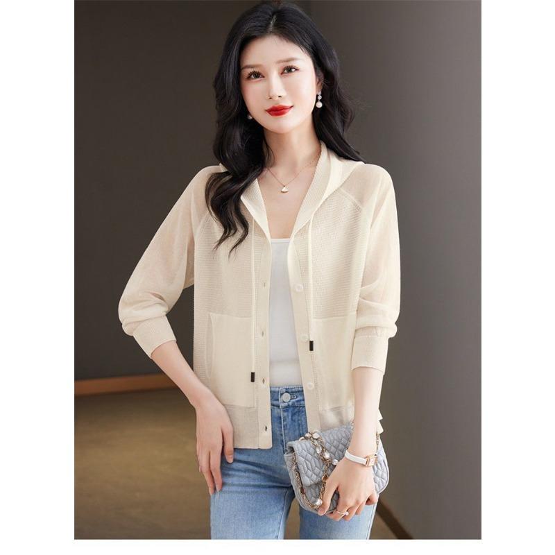 Ice Silk Knitwear Hooded Cardigan Jacket Short Loose Bottoming Shirt Thin Women's Autumn Sweatshirt