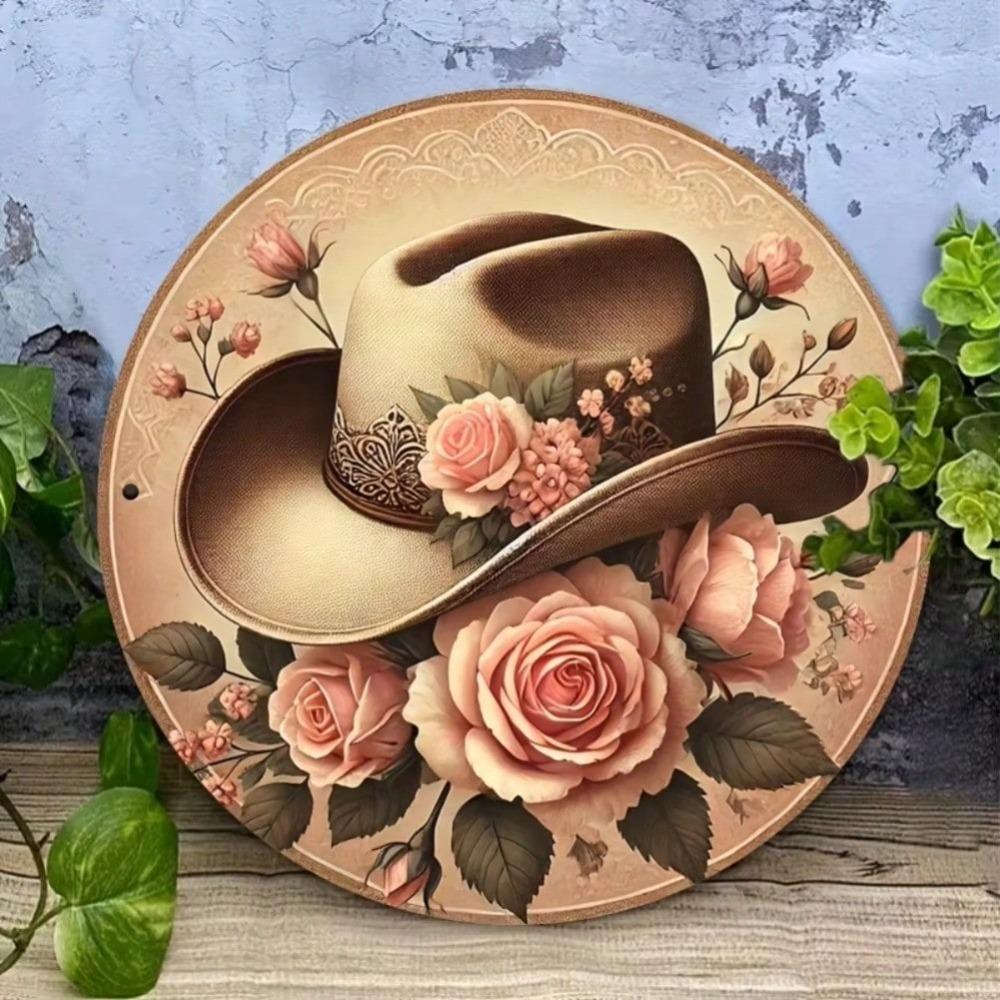 Vintage Metal Wall Decor with Pink Rose & Cowboy Hat, Weddings & Home Room Decor