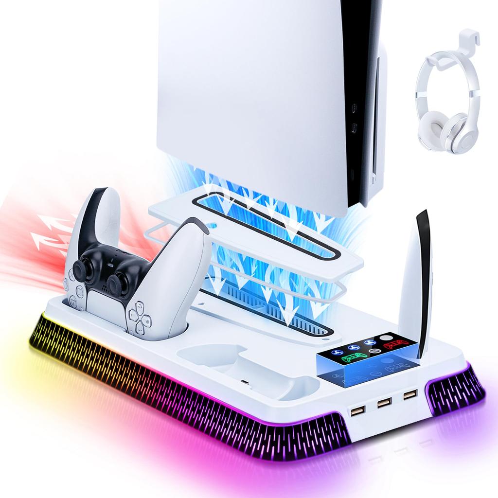 Mcbazel PS5 Slim Compatible Cooling Fan Dual Controller Charging Station with RGB Lighting and Headset Compatible with Both Disc and Digital Cooling