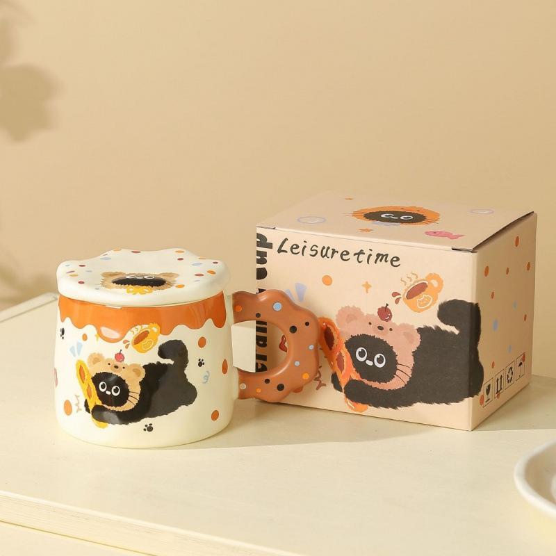 

Cat graffiti cartoon style ceramic mug with lid cross-border breakfast cup milk cup coffee couple cup souvenir 301-400ml