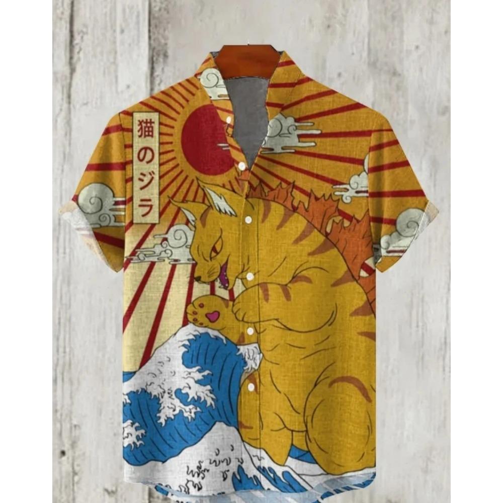 Men's Samurai Hawaiian Shirt Casual Short Sleeve Top Loose Clothing Fashion Retro Summer Shirt