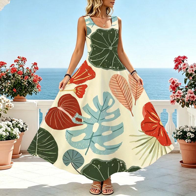 Women's Tropical Plant Series Sleeveless Loose Flowy Maxi Dress,Lightweight Versatile Beach Vacation & Casual Loungewear