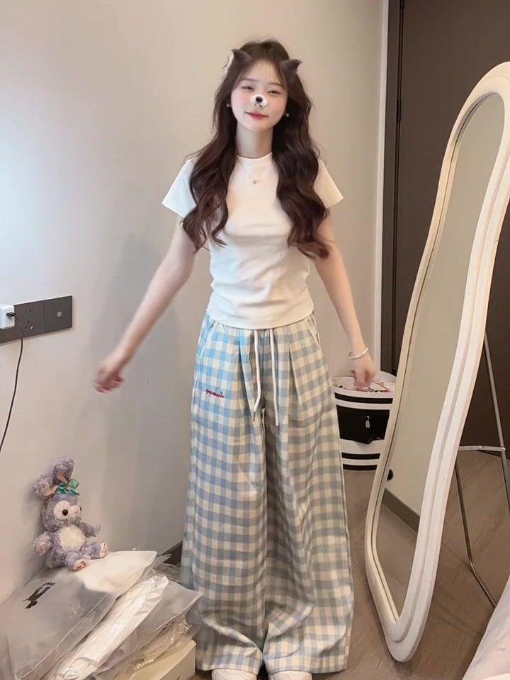 Korean Style Light Blue Plaid Embroidered High-Waisted Wide-Leg Pants