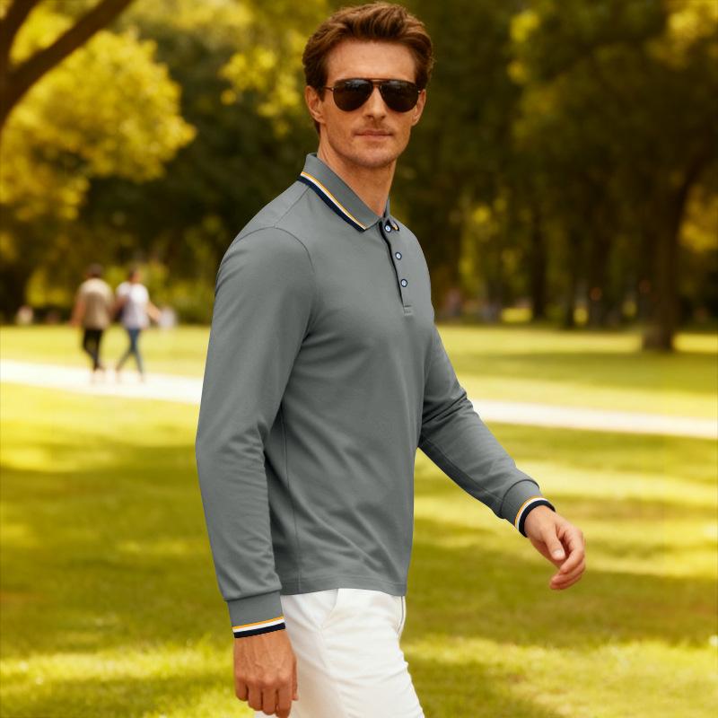 

New Men s Solid-Colour Casual Jacquard Polo Shirt Quick-Drying Breathable Golf Long-Sleeved Polo Shirt XXXL темно-серого