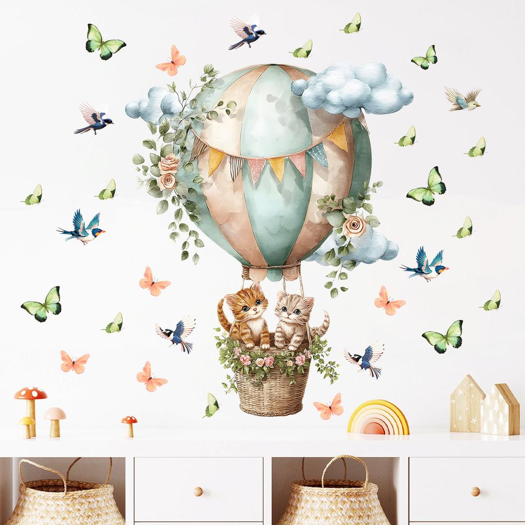 Watercolor Hot Air Balloon Cat Wall Sticker Butterfly Bird Plants Self-Adhesive Waterproof Removable Warm Home Decor