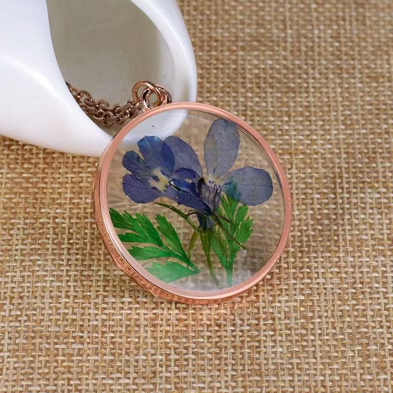 Handmade Epoxy Jewelry, Transparent Photo Box Dried Flower Pendant, Natural Real Dried Flower Round Resin Dried Flower Necklace Dried Flower