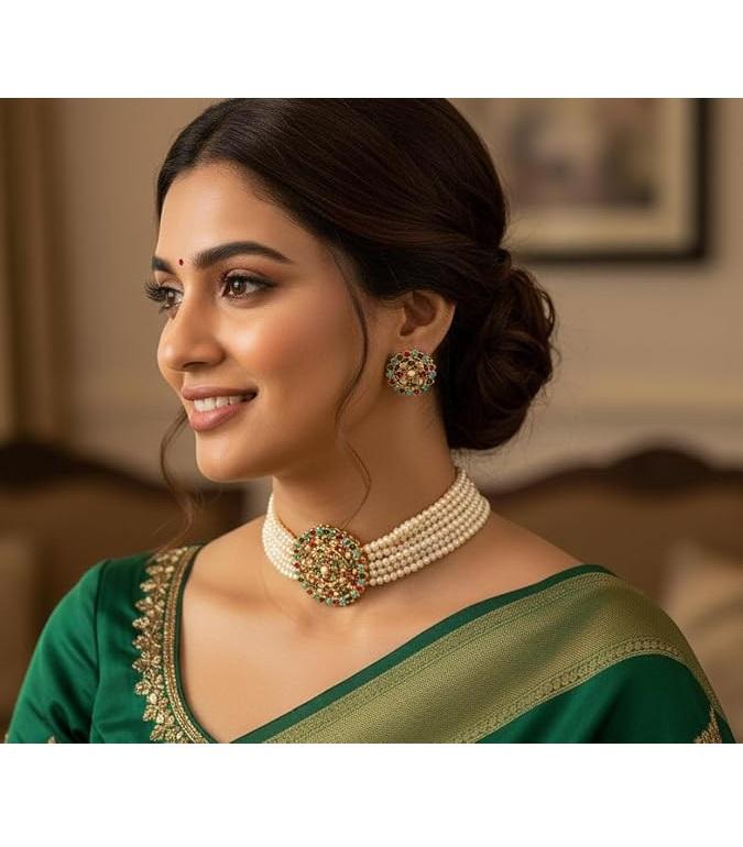 Indian Bollywood Traditional Faux Pearls Grand Designer Jewelry Choker Necklace Set in Antique Gold Tone for Women