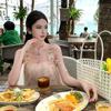 Seaside Vacation Beautiful Mesh Suspender Fake Two-piece Ink Printing Dress Streamer Temperament Loose Big Swing Dress