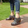 Retro Pumps Women Shoes Genuine Leather Round Toe Zip National Style Print Leisure Thick Heels Shoes