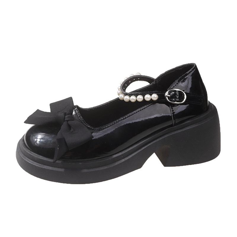 

Туфли Мэри Джейн женские весна-лето новые модные сладкий бант платформа толстый каблук жемчуг маленькие кожаные туфли 35 чёрный