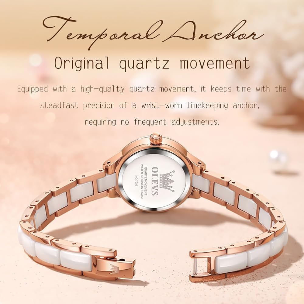 OLEVS Women's Ceramic Diamond Quartz Watch Waterproof Luminous Gold-Pink