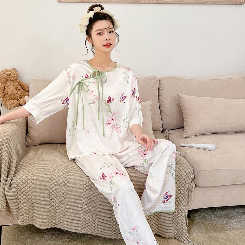Women's pajamas new spring and summer ice silk comfortable and high-end new Chinese style loungewear set retro thin