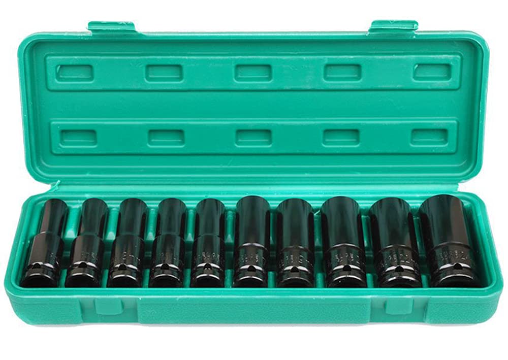 Impact Socket Set Impact Deep Socket 10mm 12mm 13mm 14mm 15mm 17mm 19mm 21mm 22mm 24mm Set of 10 with Case Surface Contact Type 1/2 (12.7)