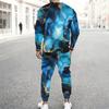 Men Plus Size Round Neck Long Sleeve Printed Blue Gold Two Piece Pants Set