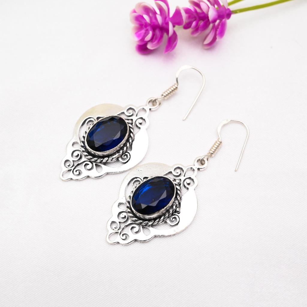 Blue Sapphire Earrings, Handmade Gemstone Earrings, 925 Solid Sterling Silver Earrings Antique Jewelry, For Engagement Gift