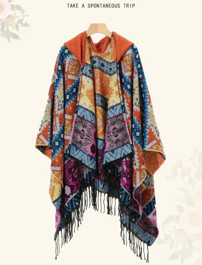 Women's Ethnic Style Hooded Shawl Cloak, Geometric Design for Autumn/Winter, Ideal for Tibet, Qinghai, Yunnan Travel