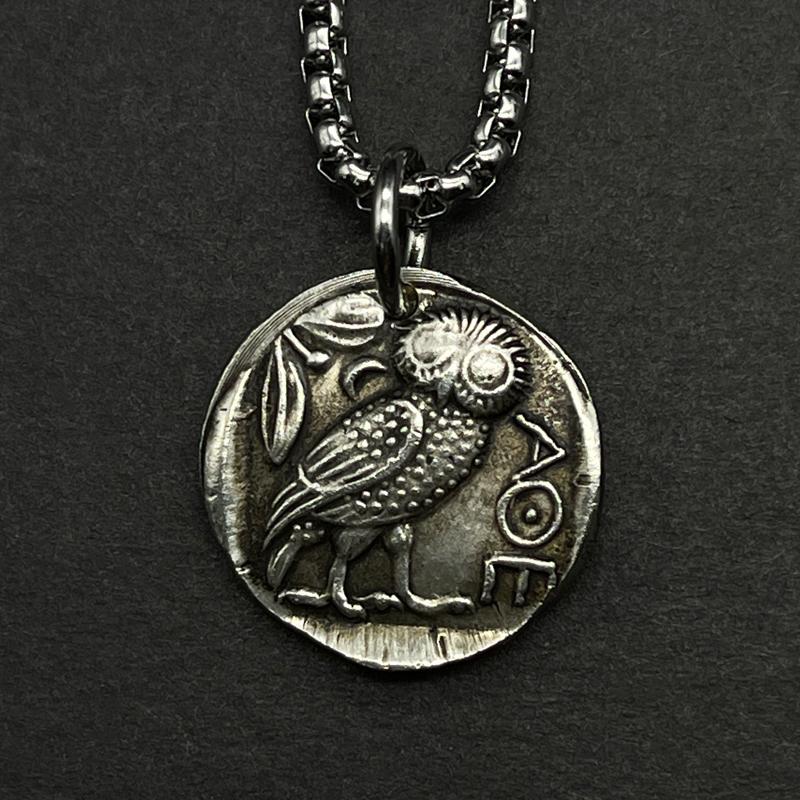 Recarved Greek Silver Plated Coin The Goddess Of Wisdom Athena Necklace Owl Ancient Athens Silver Coin Pendant Aquarius Patron
