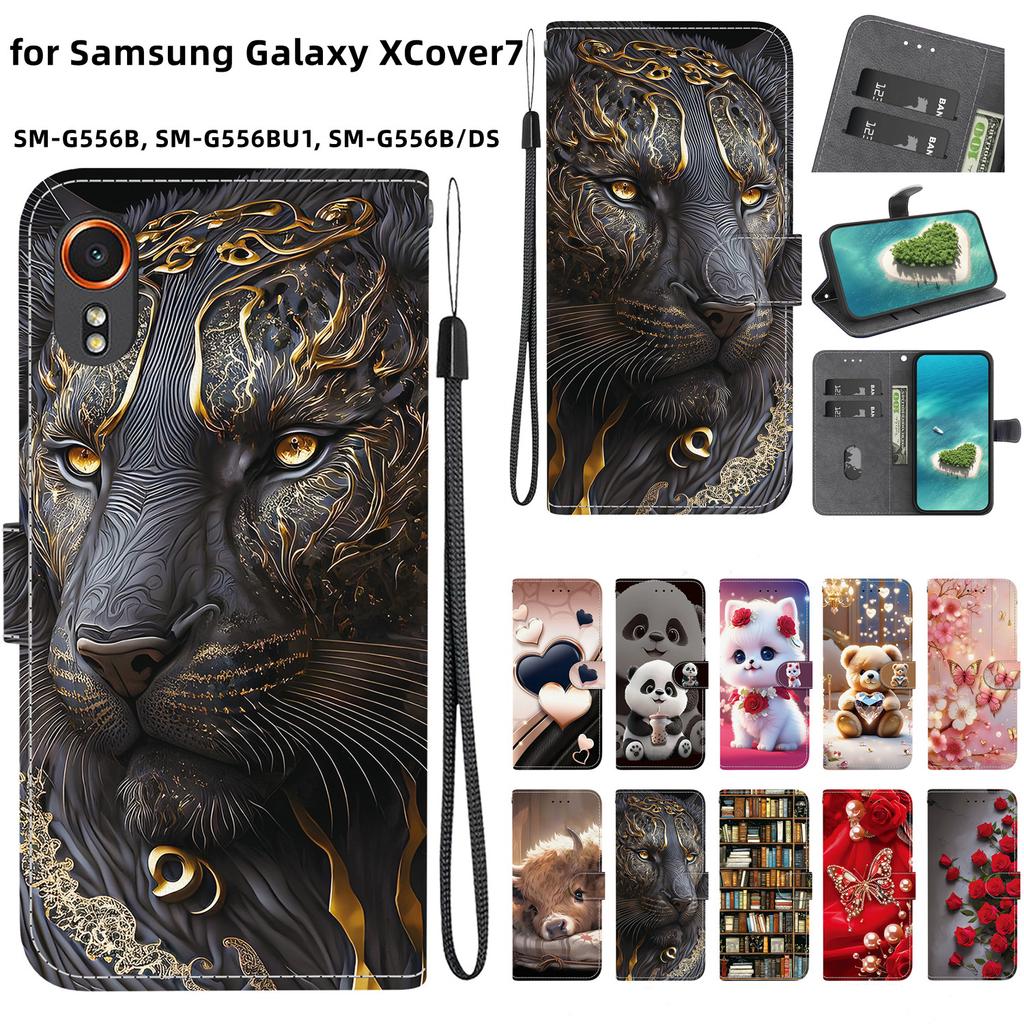 Handmade PU Leather Flip Case for Samsung Galaxy XCover7 (SM-G556B/G556BU1)- Anti-Slip Shockproof Cover with Wrist Strap & Heart/Rose Cat Designs