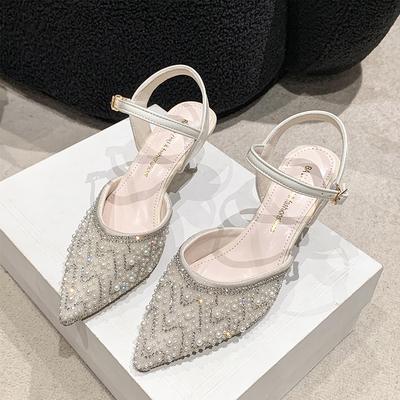 Fashion Crystal Sandals Spring New Pointed Pearl Glitter Cloth Cover Foot Anti-slip Wear-resistant Thick Heel Shoes