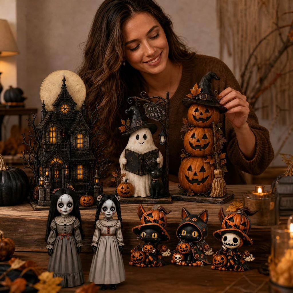 Vintage Holzhexenfiguren Set von 3, Halloween Hexenpuppen Dekoration für Tischplatte Regal Kaminsims Display
