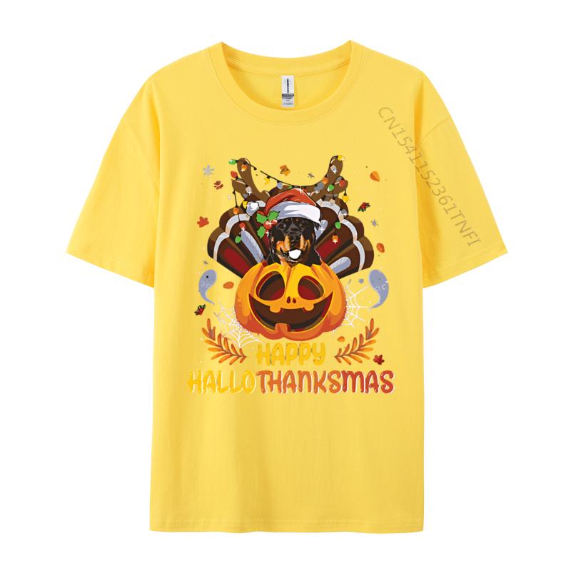 Rottweiler Happy Hallo Thanksmas Halloween Tshirt Vintage Cheerful Cotton Tshirts Blue And White Graphic T Shirts