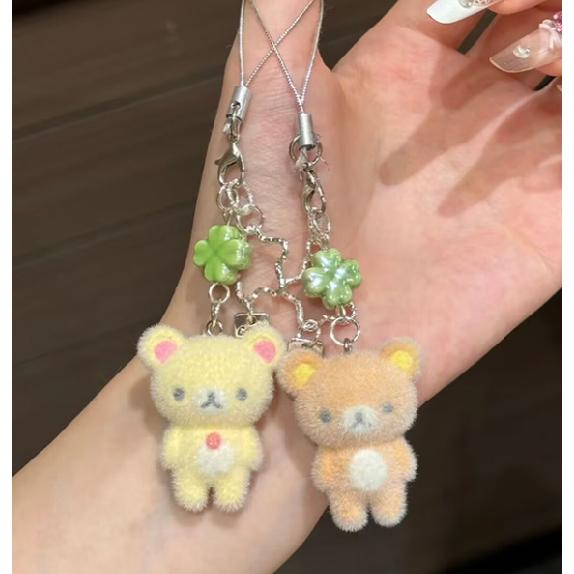 Cute Bell Bear Pendant Matching Phone Keychains Handmade Rilakkuma Strawberry Beaded Accessories Couple Gifts 6