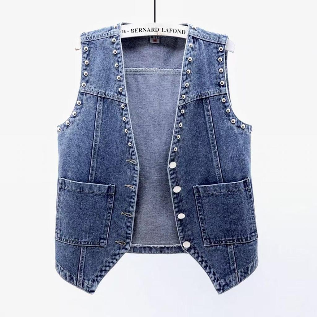 2023 Spring/Autumn Women's Beaded Denim Vest with Large Pockets - Korean Style Sleeveless Shrug Outerwear